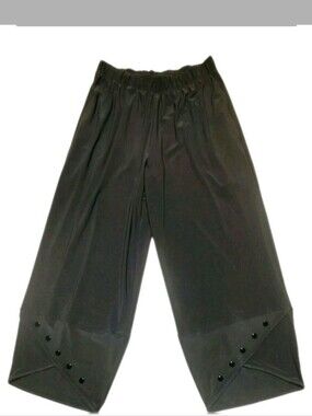 Sun Kim Cropped Wide Leg Pants XS Dark Olive Green Elastic Waist Button Hem